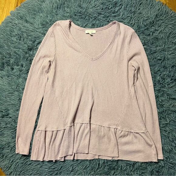 Anthropologie Eri + Ali Tallie Waffle Thermal Peplum Top Size L - Picture 2 of 6